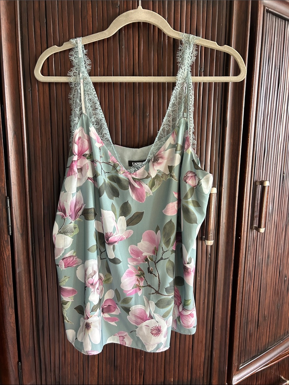Express Sage Floral Lace-Trim Cami with Pink Blossoms